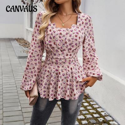 Bluzki damskie z bufiastymi rękawami, w stylu Mori Elegant, z kwiatowym wzorem, z długim rękawem