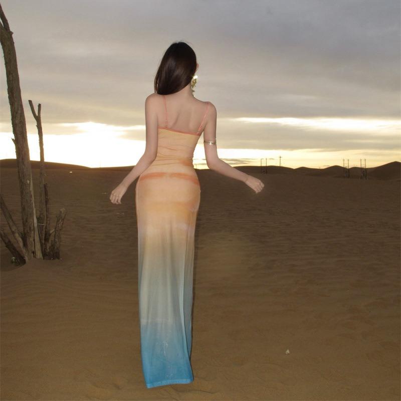 Vietnamese Sexy Babes Summer Wear Seaside Vacation Mesh Printing Suspender Dress Hip Skirt