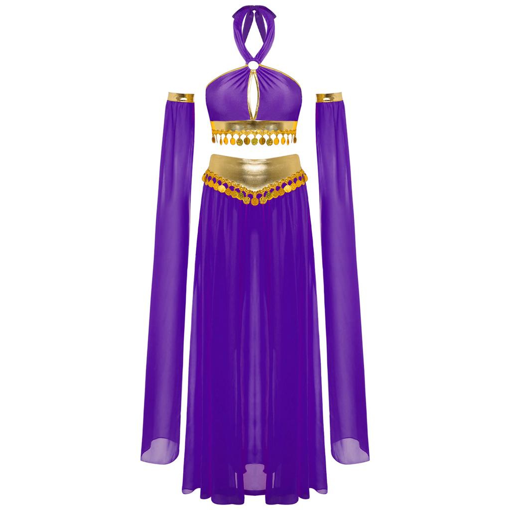 Womens Belly Dance Costume Self Tie Halter Keyhole Front Sequins Hem Crop Top Built In Briefs Chiffon Skirt