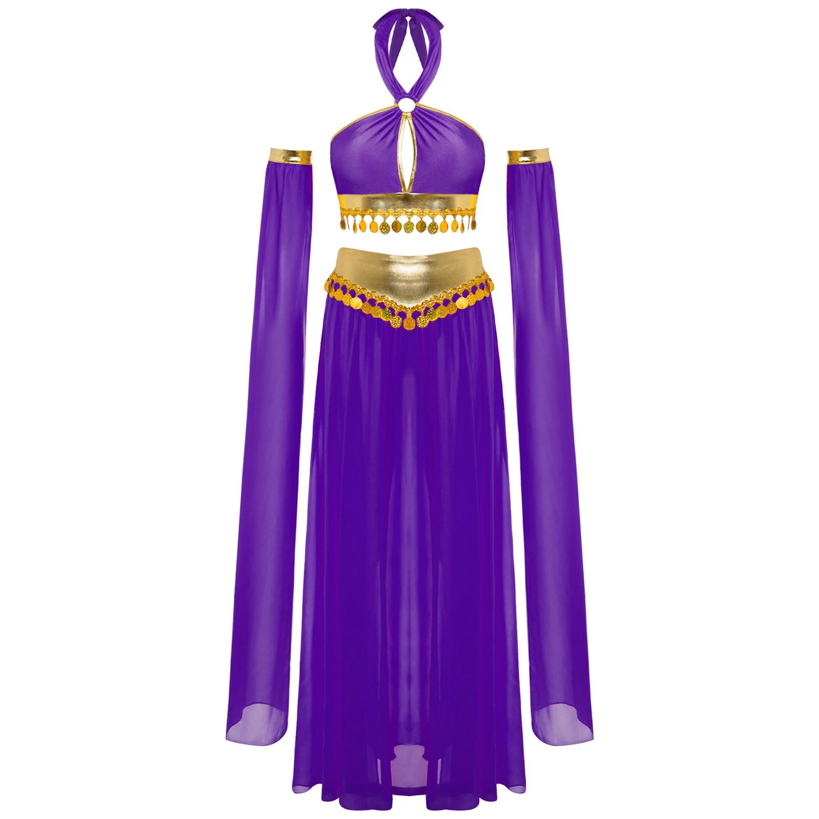 

Жіночий костюм для танцю живота Самозав язний халтер з вирізом спереду, Кроп-топ з паєтками по подолу, Вбудовані трусики, Шифонова спідниця S фіолетовий