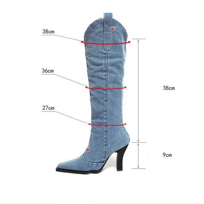 Spring Autumn Women Stretch Denim High Thick Heel Long Boots Lady Knee-high Straight Boots Female Riding Boots Botas De Mujer