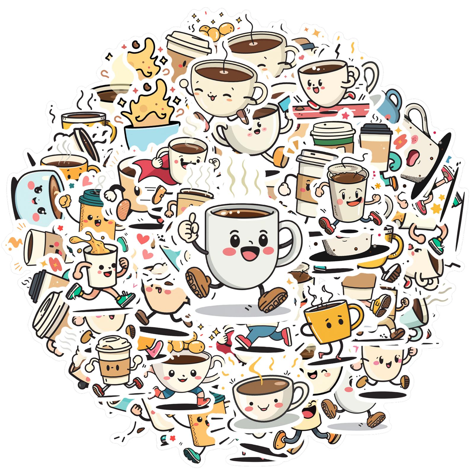 

35-100pcs Cartoon Coffee Cup Stickers Waterproof Graffiti Diy For Scrapbook Laptop Water Bottles Coffee Shop Label Stickers