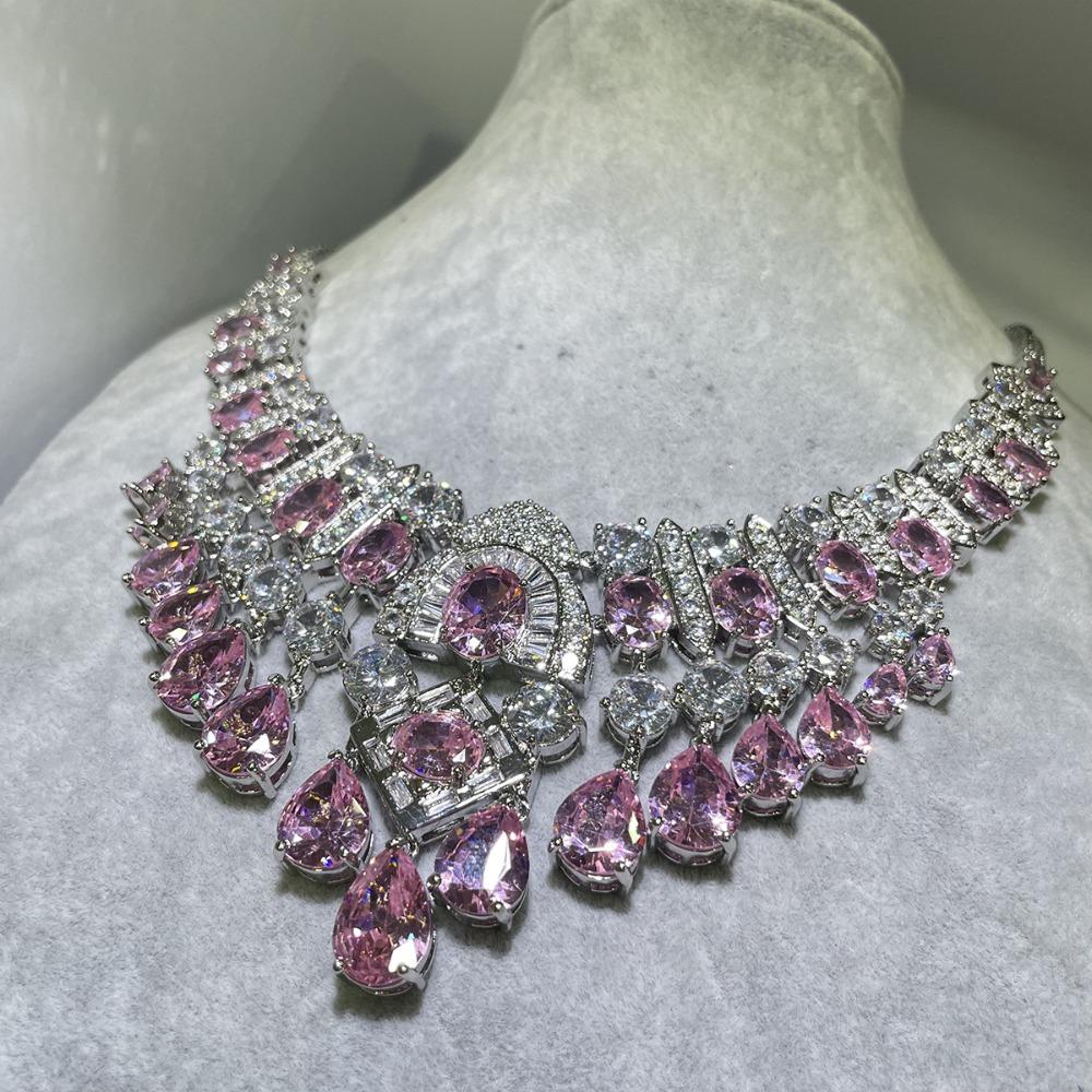 Royal Blue Sapphire Necklace Wedding Party Pink Diamond Set Light Luxury Yellow Diamond Jewelry for Women