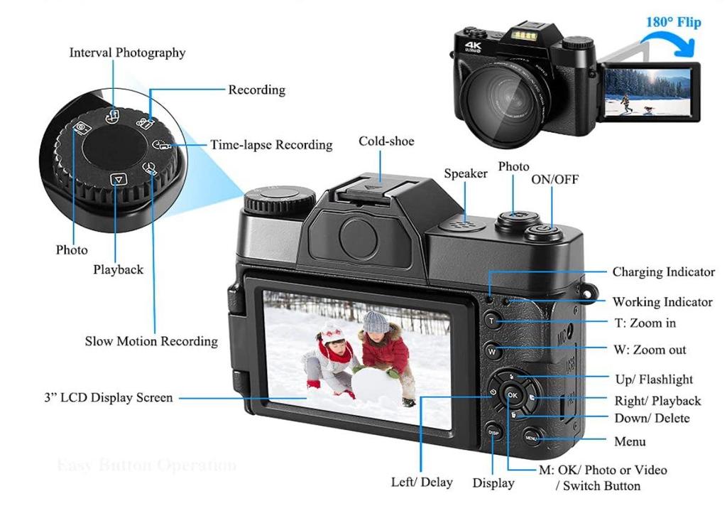 4K 48MP Digital Camera with Flip Screen & Wide-Angle Mirrorless LED