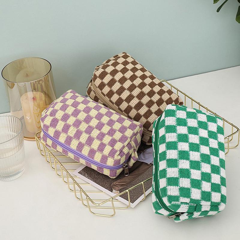 Ins Checkerboard Knitted Pencil Case Big Capacity Pen Bag Zipper Stationary