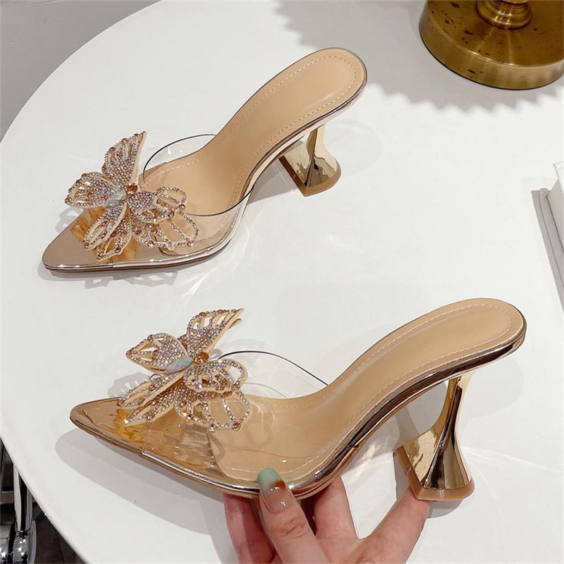 Pesstwei Sandals Street Mules Shoes Crystal Women Pumps Transparent High Heels Size 35-41