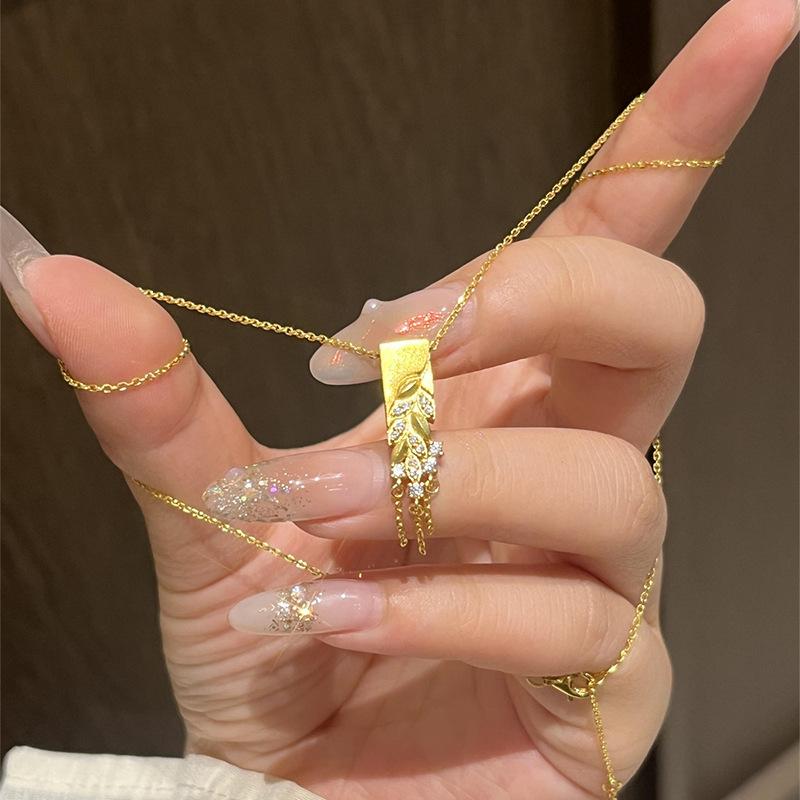 Real Gold Electroplated Zircon Wheat Ear Fringed Necklace New Chinese Style Retro Collarbone Chain Light Luxury Niche Necklace Wholesale