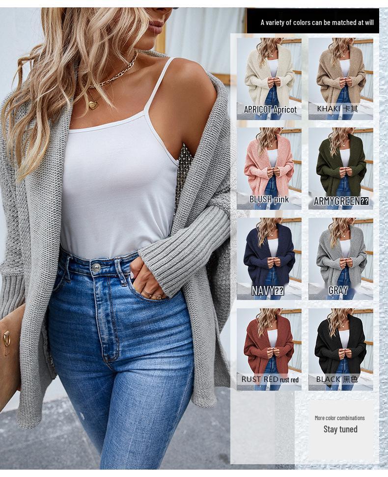 Drizzle 2023 Women's Batwing Sleeve Knitted Cardigan Sweater Solid Color, European & American Style.