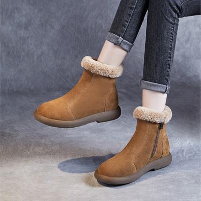 Warme Plüsch-Schneestiefel aus Kuhwildleder, lässig, vielseitig, runde Zehenpartie, seitlicher Reißverschluss, kurze Damenstiefel