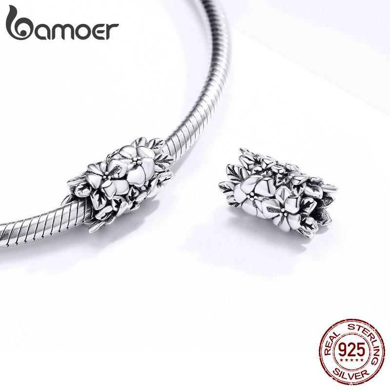 BAMOER 925 Sterling Silver Flower Beads for Women Charm Fit Snake Bracelet DIY Bracelet Fine Jewelry