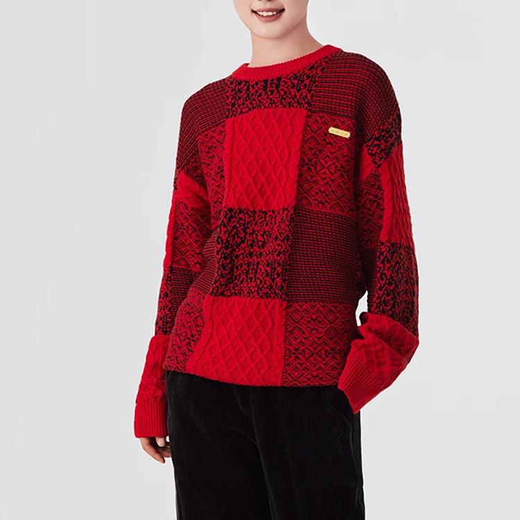 Li Ning Plaid Pattern Knitted Round Neck Long Sleeve Sweater Unisex sweater Red AMBT001-1