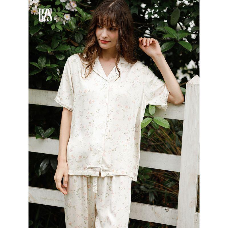 2024 Outer Wear Pajamas Women Summer Thin Short sleeve Top Trousers Satin Bourette Floral Homewear Two-piece Set