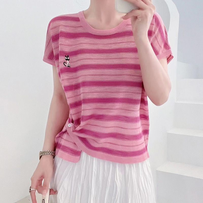 

Age-Reducing Ice Linen Pullover Female Summer Color Matching Cat Embroider Pink 2XL