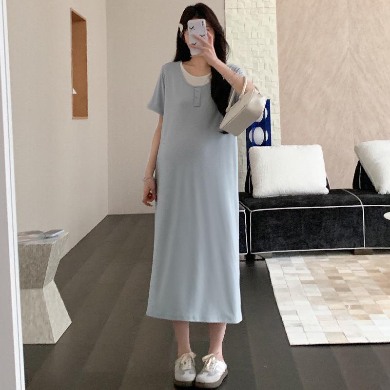 2026 Summer Korean Style Ice Silk Maternity Dress - Fake Two-Piece Design XL