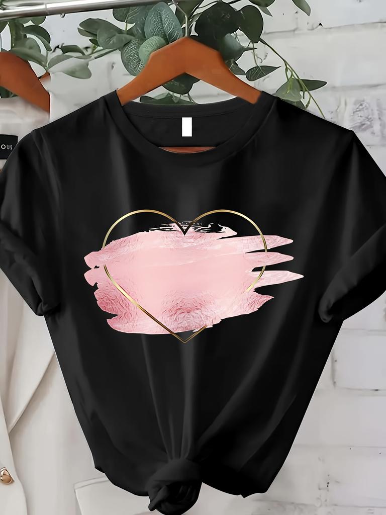 Hign QualityGeometric Heart Print T-Shirt- Spring/Summer Collection- Women'S Casual Top- Polyester Material- Regular Length