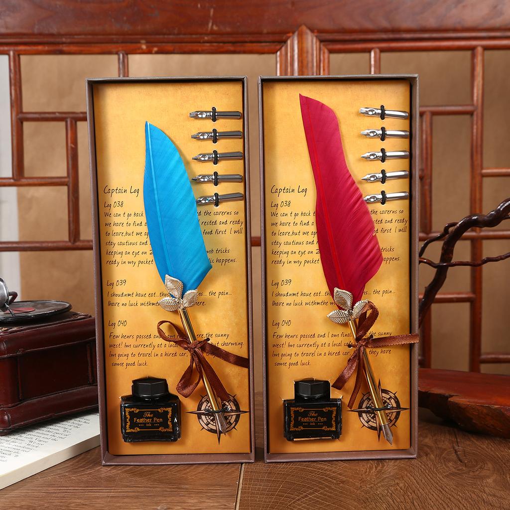 Retro Feather Dipped Pen Set, Solid Color Quill Pen Can Replace Nib Creative Holiday Gift