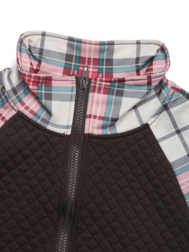 100% Clothing TEMU2026 Retro Plaid Patchwork Half Zip Stand Collar Hoodie
