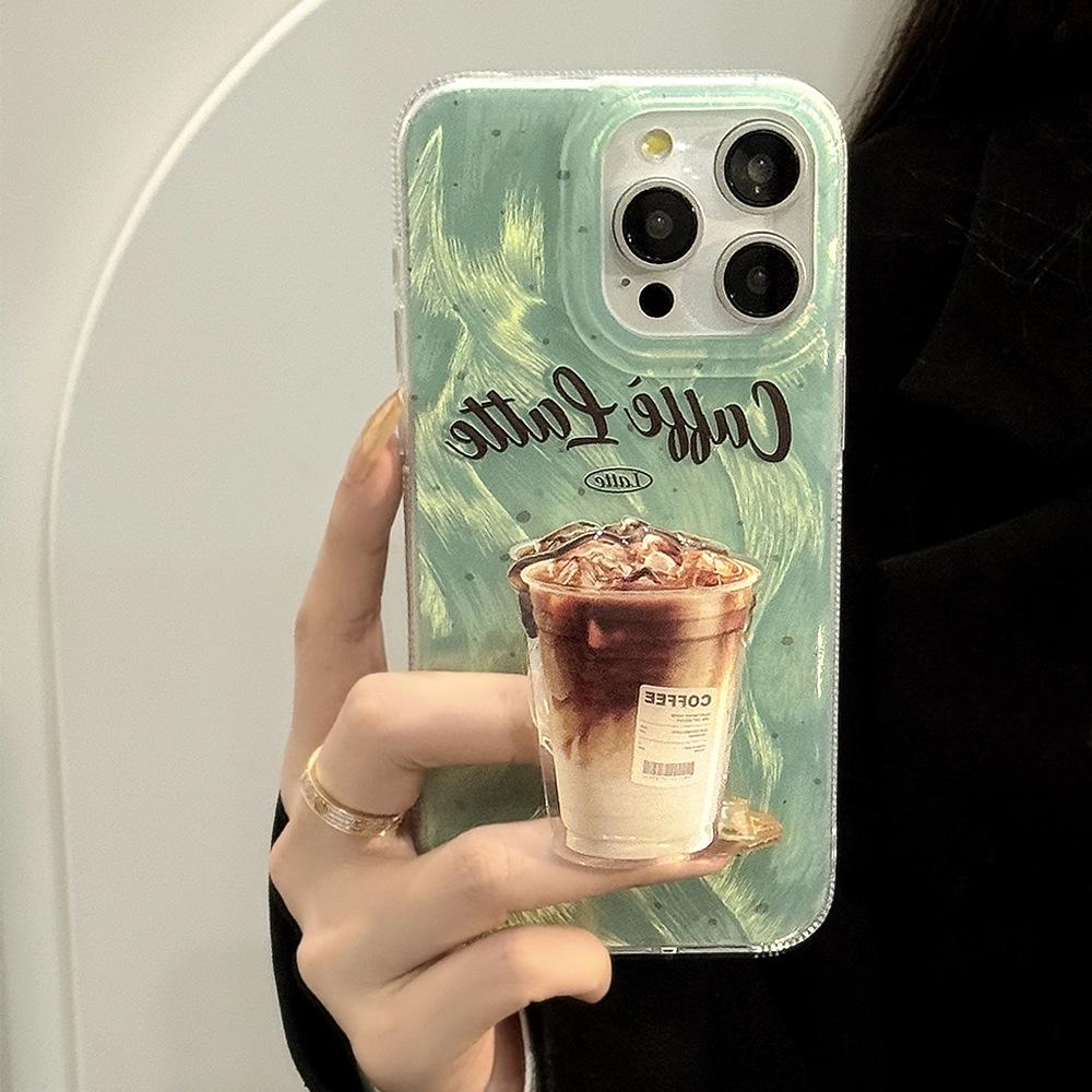 Mint Green Ink Coffee Stand Mobile Phone Case Apple 15promax Suitable for Iphone16 American 12 Feather Yarn 14