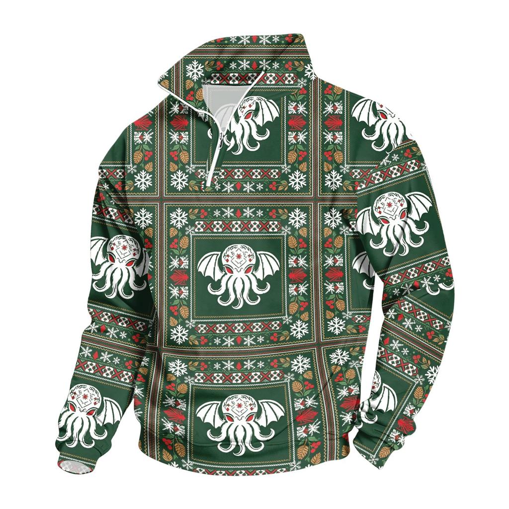 Men's Casual Quarter-Zip Stand Collar Sweatshirt with Christmas Print, Holiday Pullover