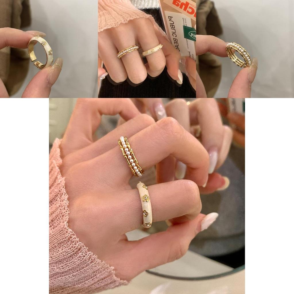 Highend Enamel Aesthetic Pearl Ring With Unique Geometric Design For Women