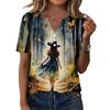 Women's Casual Halloween Print V-Neck Short Sleeve Button T-Shirt Top