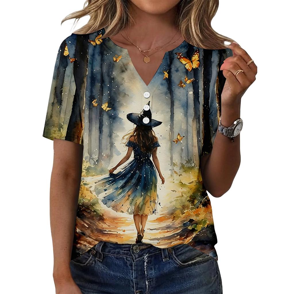 Women's Casual Halloween Print V-Neck Short Sleeve Button T-Shirt Top