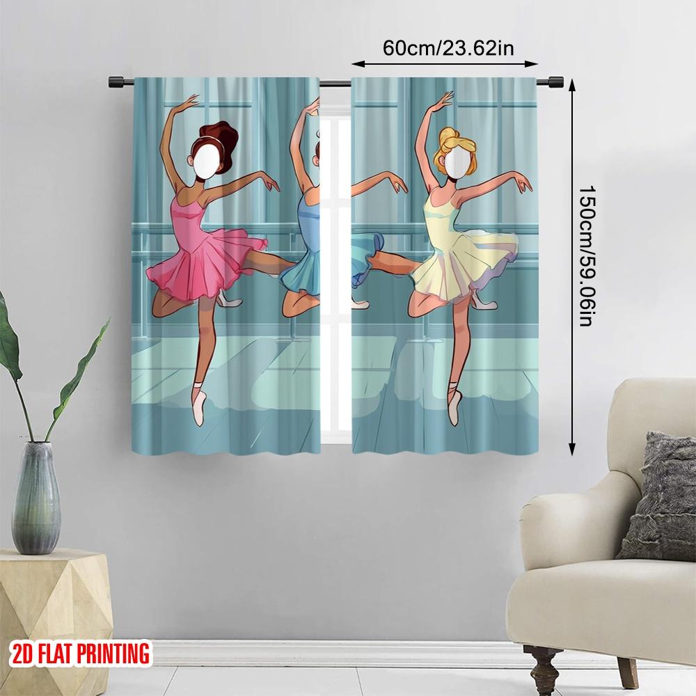 2Pcs,2D Plane Printing Minimalist Curtains Female Dance Polyester Woven (Without Rod) Home Decor Perfect For Bedroom, Office,