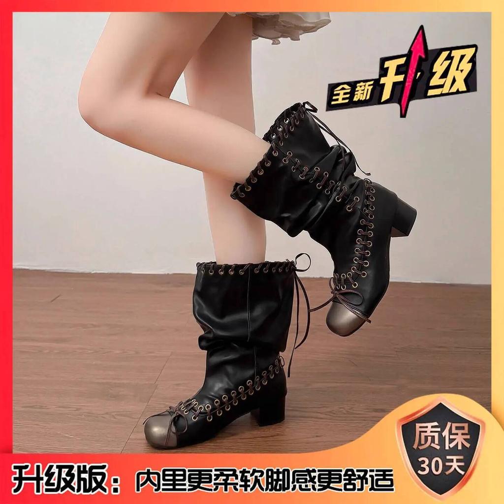 Women Boots Autumn Winter New Push Boots for Women Strappy Martin Boots Chunky Heel Mid Calf Short Boots Stylish Biker