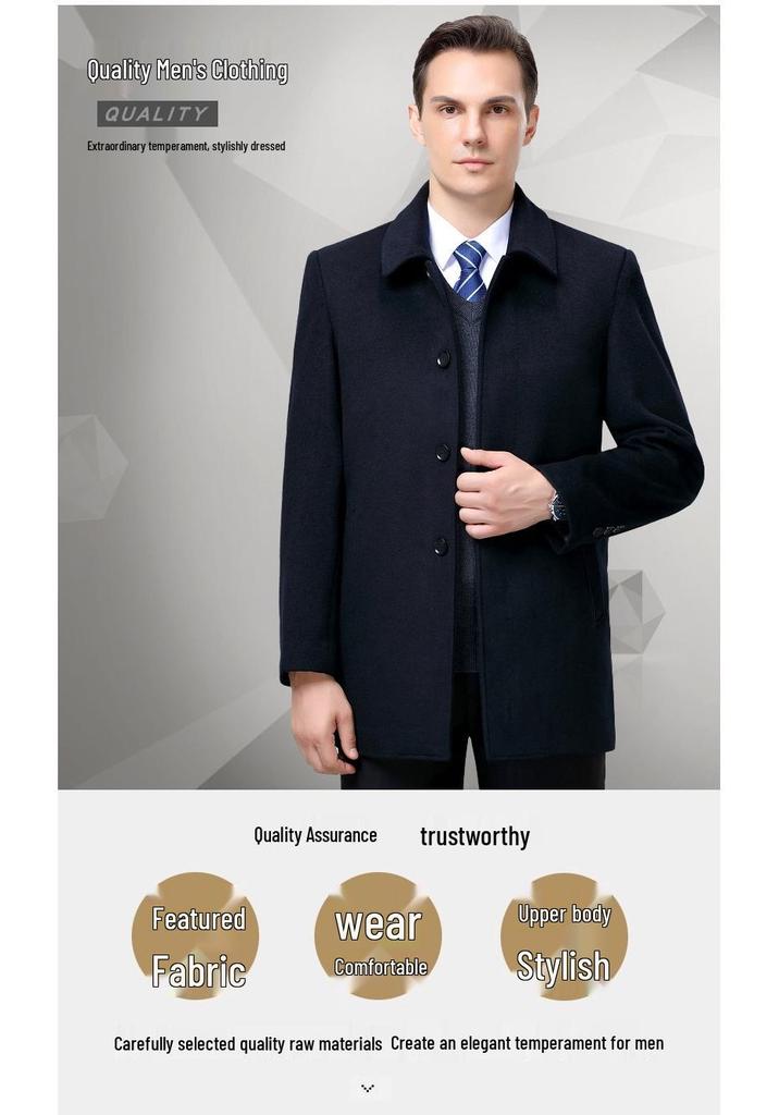 Men's Cashmere Lapel Wool Coat - Autumn/Winter Thick Button-Up for Middle-Aged & Elderly Casual Wear