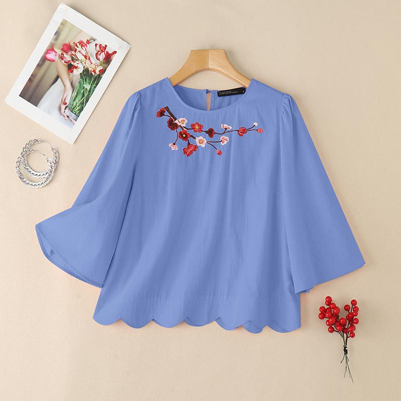 ZANZEA Women Casual Floral Embroidery Loose Summer 3/4 Sleeve Blouse