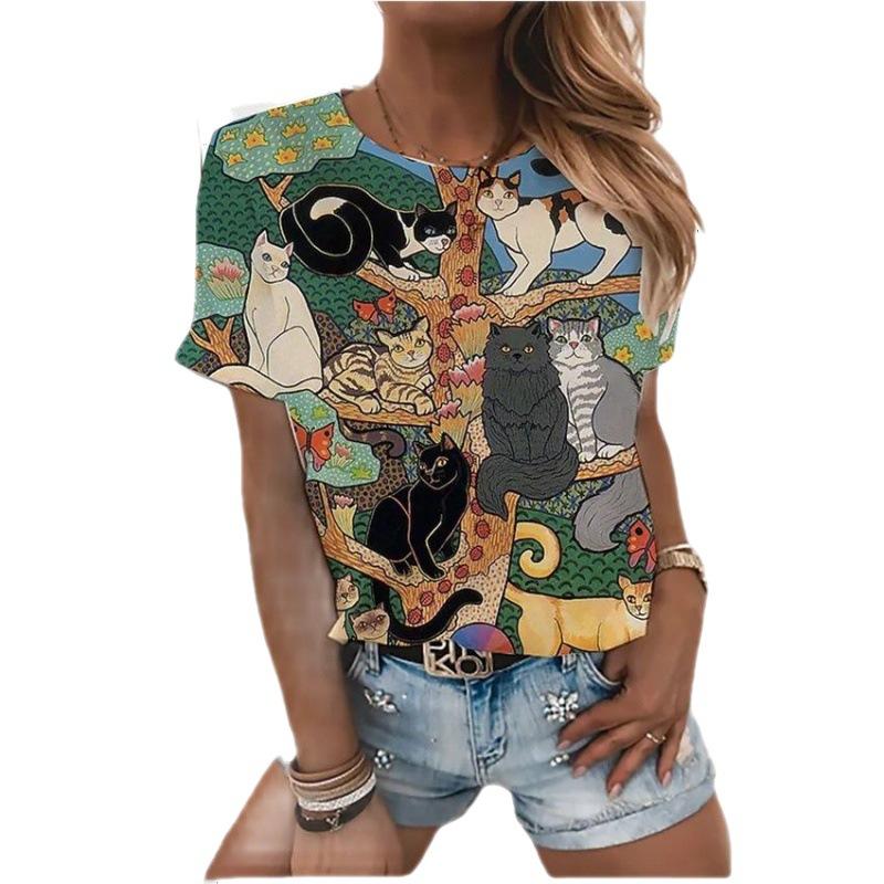3D Cat Painting Women's T-shirt Cat Image Printing Round Neck Casual Summer Tops