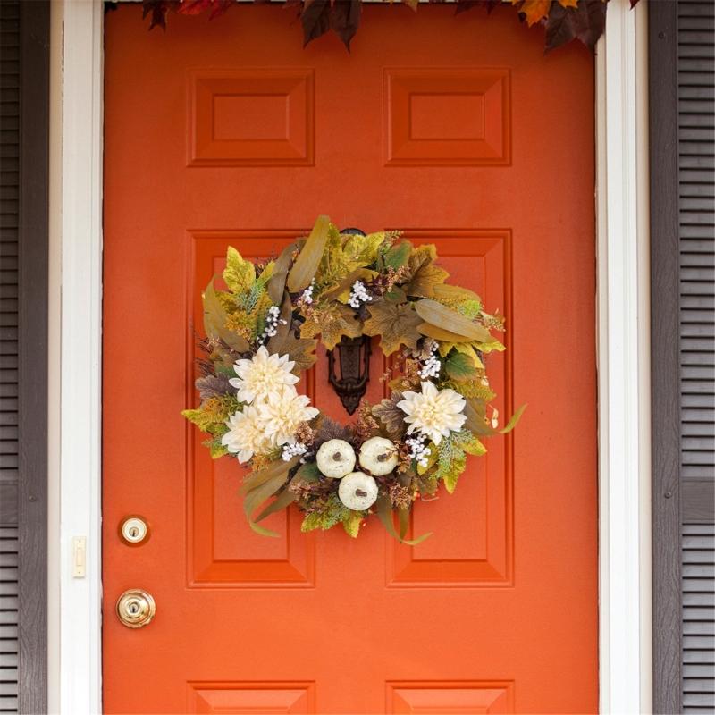 Artificial Wreath with Pumpkins , Autumn Wreath Harvest Day Wreath for Front Door Garden Thanksgiving Holiday Decoration