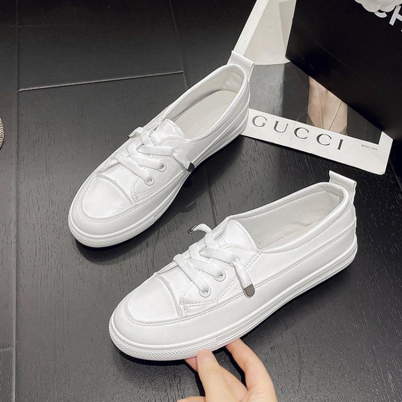 Little White Shoes New Shallow Mouth Round Head Low-top Casual Shoes Lace-up Flat Bottom Student Board Shoes Women
