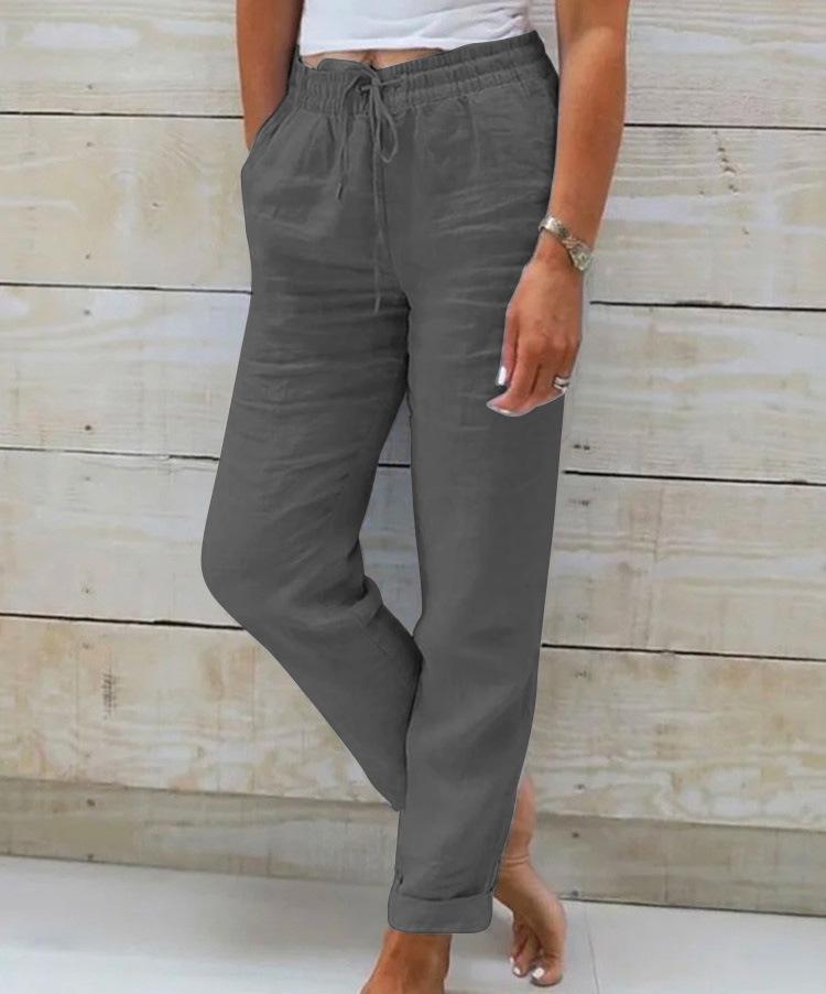 2024 Summer Elastic Waist Cotton Linen Wide-Leg Pants – Women's Loose-Fit Solid Color Trousers
