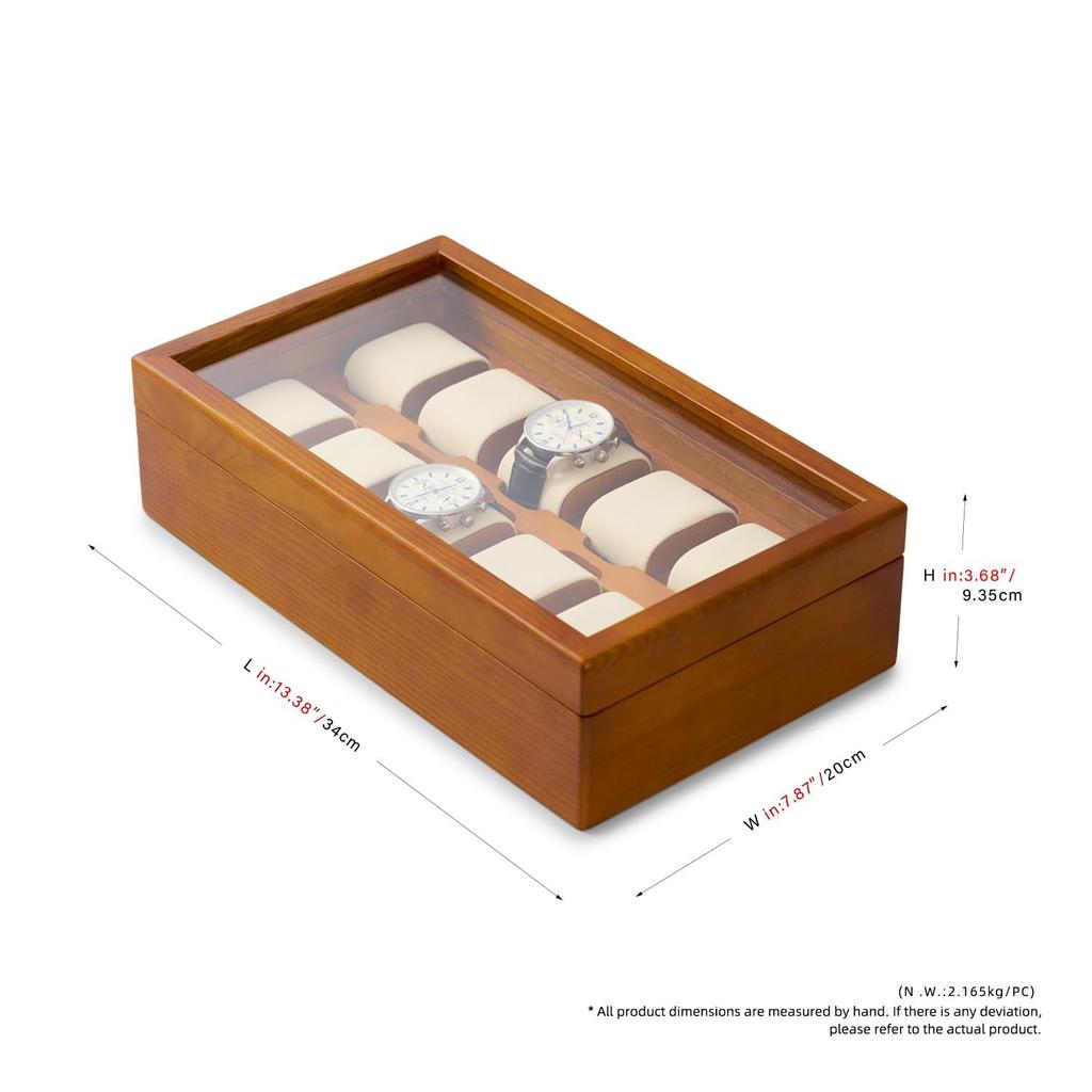 Woodten Massivholz-Uhrenbox mit Glas Premium-Uhren-Display-Organizer mit herausnehmbarem Kissen für Herren 10-Schlitz-Deckel, (Cremeweiß)