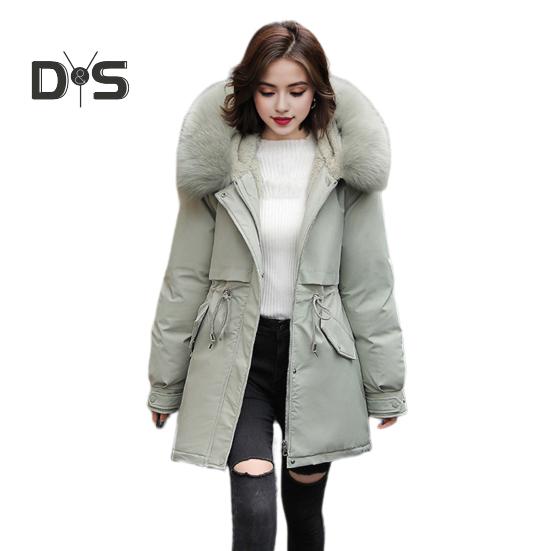 

Зимнее пуховое пальто с утолщенным стеганым плюшевым капюшоном, средней длины, ветрозащитными карманами, длинными рукавами, регулируемым шнурком, повседневная верхняя одежда из хлопка, куртка M зелёный