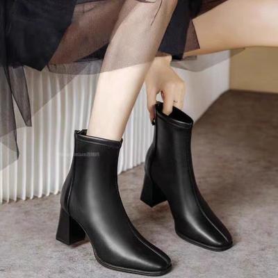 Mode Tendance Peau Bottines Courtes Femme Talons Hauts Épais Fermeture Éclair Latérale Tout-Aller Botte d'Hiver Style Coréen Bottines Plates