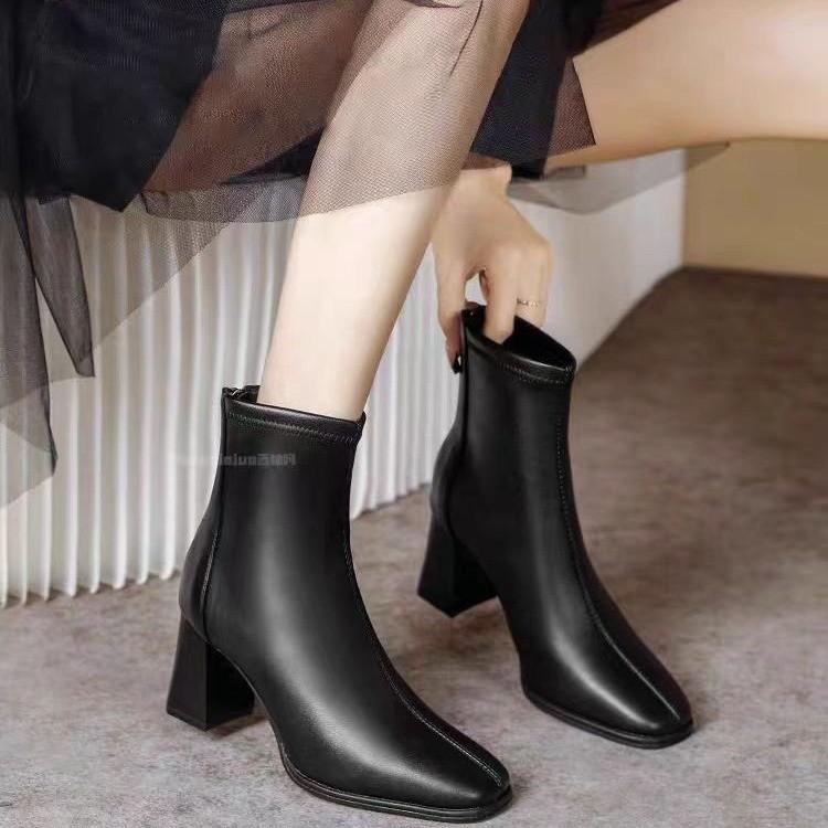 Fashion Fashionable  Skin Short Boots Women's Chunky High Heels Side Zipper All-Match Winter Boot Korean Style Flat Booties