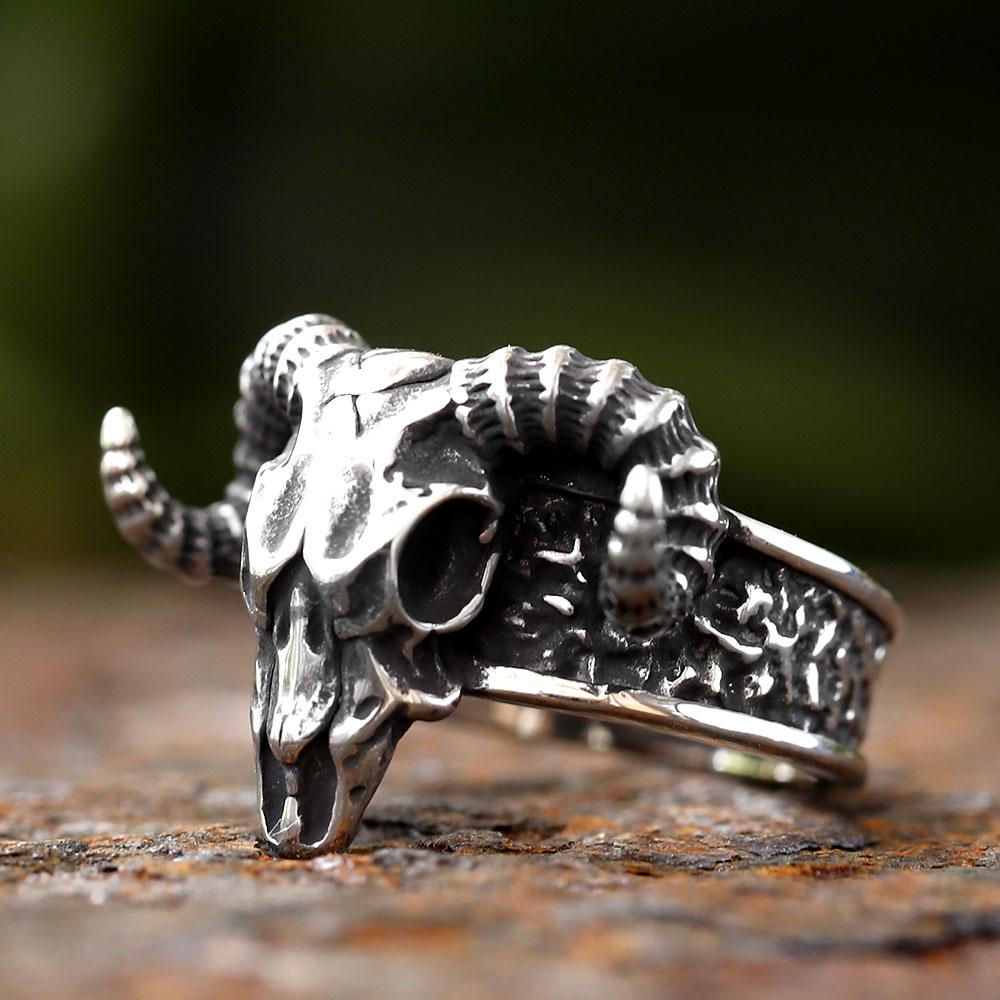 Vintage Gothic Goat Head Skull Ring For Men Stainless Steel Lucifer Animal Jewelry Cool Gift For Boys