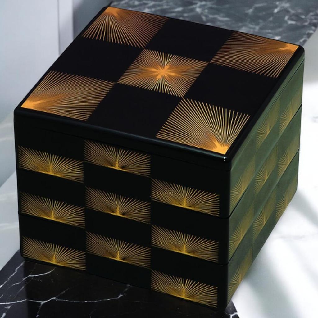 J-kitchens Lacquerware Jubako Box, 3 Tiers, 7 Inches, Black with Checkered Pine Needles, 21.0cm, Resin, Made In Japan