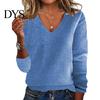 Casual Losse Pasvorm Trui Dames V-hals Lange Mouw Geribbelde Rand Pullover Elastische Viscose Gebreide Tops Chic Dagelijks Gebruik