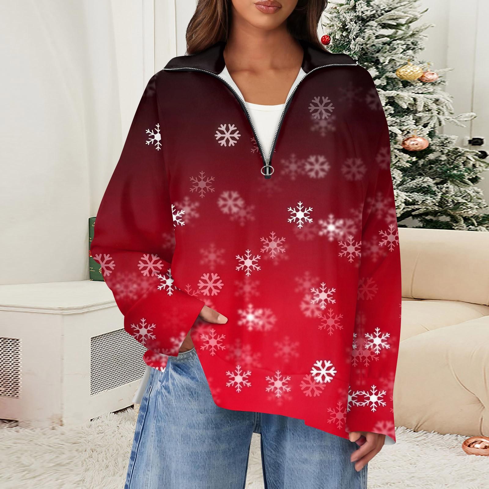 

Женский повседневный свитер с полумолнией и лацканами со снежинками и разрезом сверху по бокам, модная одежда XXL киноварь