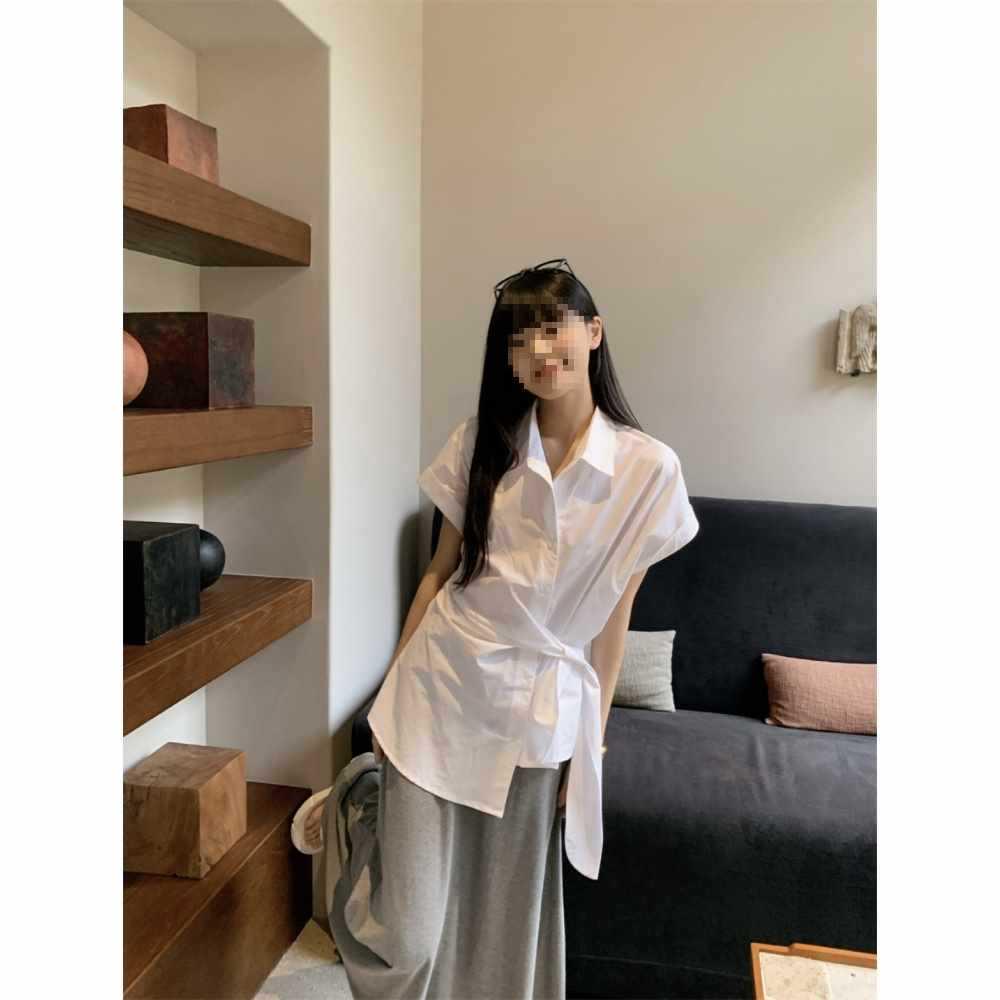 Women s Summer Slimming Mid-Length White Collared Short-Sleeve French Top L белый