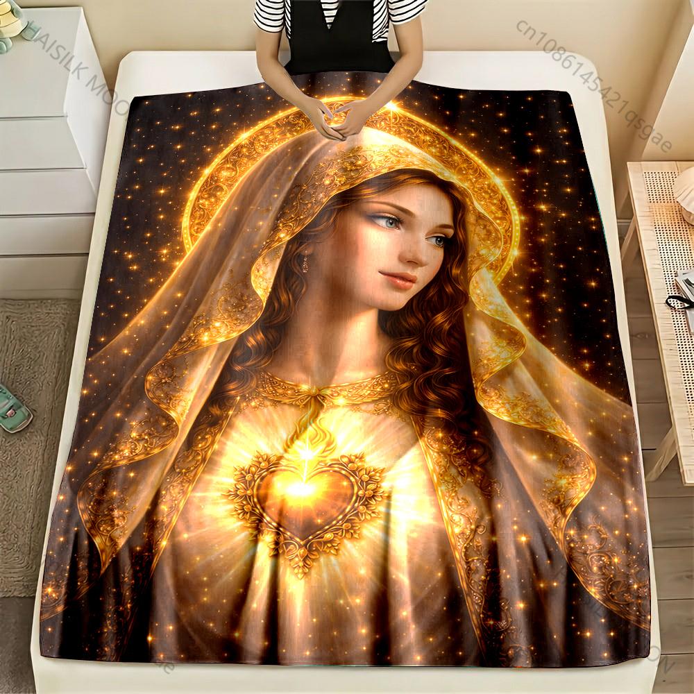 1PC Our Lady of the Golden Heart Print Blanket Warm Soft Fluffy Kids and Adult Sofa Bed Throw Blanket Outdoor Travel Camping RV