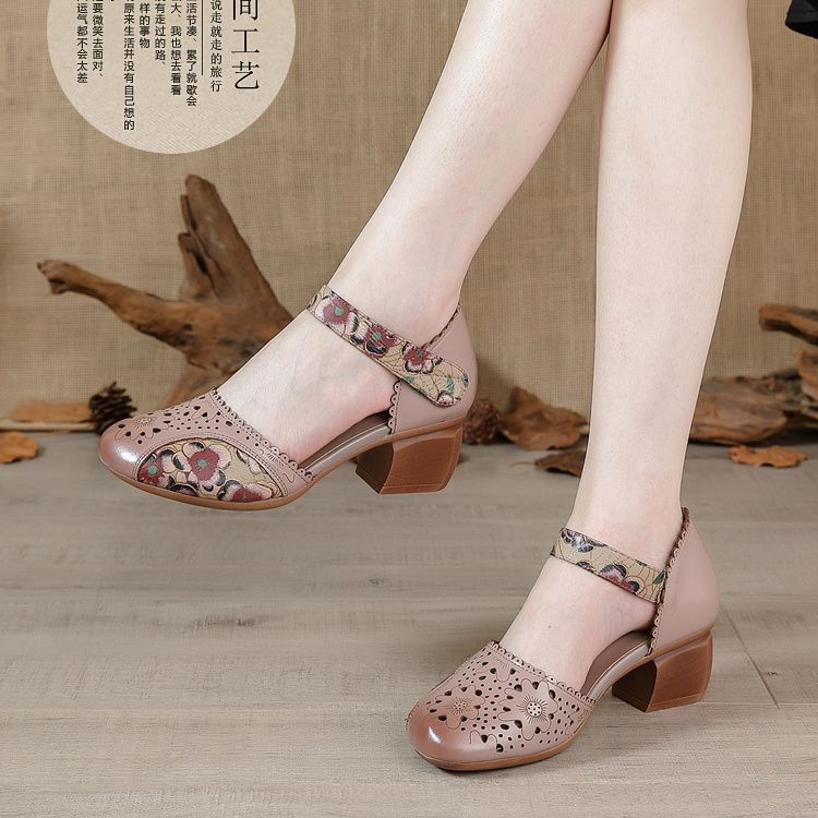 Женские кожаные туфли сандалии на высоком каблуке летние прохладные пляжные туфли с полыми цветами женские роскошные сандалии женские 35 хаки 1977₽