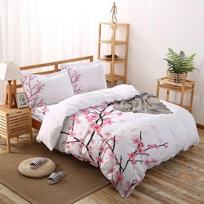Set husă de plapumă roz pal, Ramură de Sakura cu flori de cireș Primăvară japoneză delicată, Set de lenjerie de pat decorativ din 3 piese, Mărime king