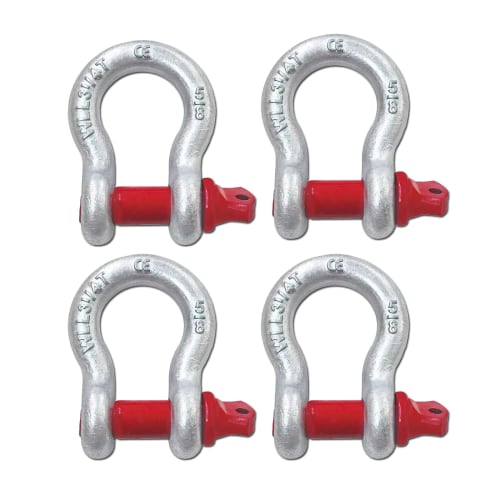 Forged Bow Shackle (4 pieces) with a 3.25T Working Load and Bolt Type Towing Hook for connecting belt slings, round slings, etc.