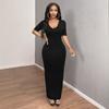 Solid Color Sexy V Neck Short Sleeve Bodycon Midi Casual Dress For Women
