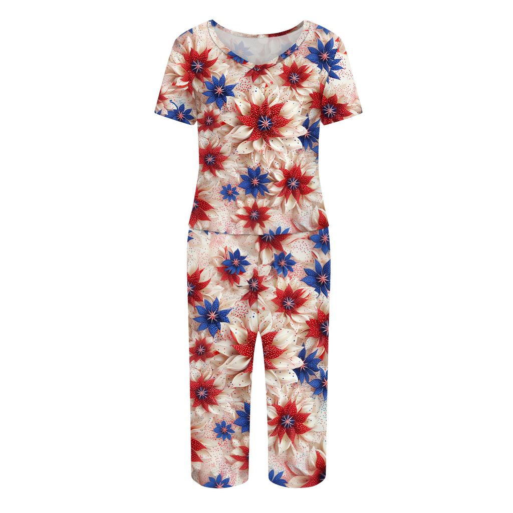 2 Piece Sets For Women Short Sleeve Top And Pants With Pockets Workout Soft Print Sets