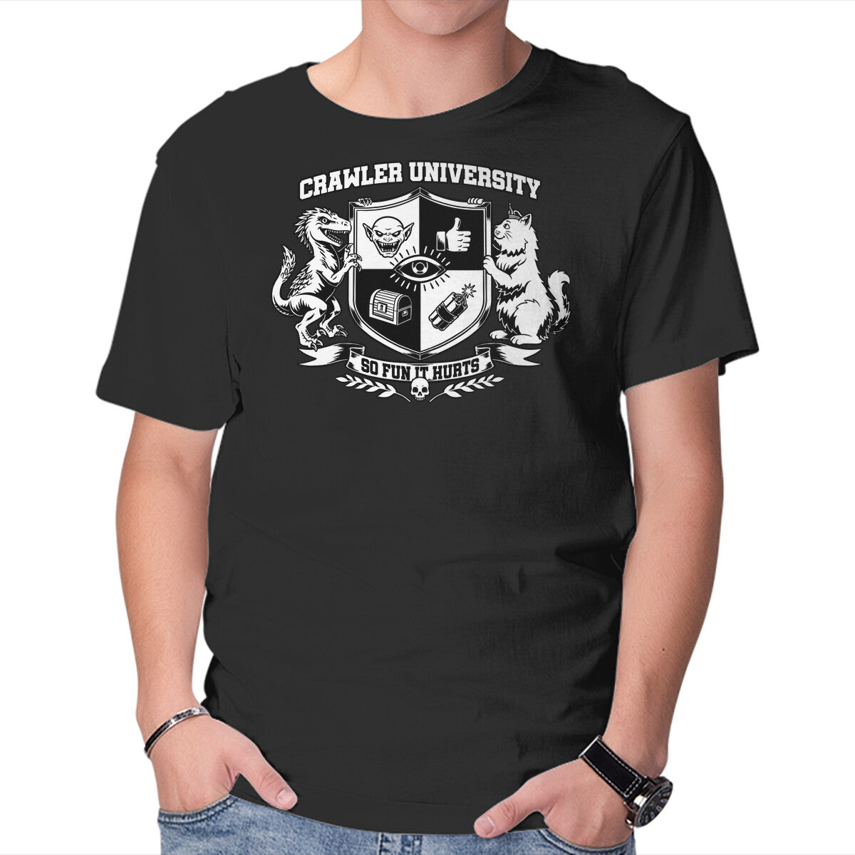 Unisex Crew Neck T-Shirt Dungeon Crawler University Graphic Short Sleeve Casual Tee XXXL